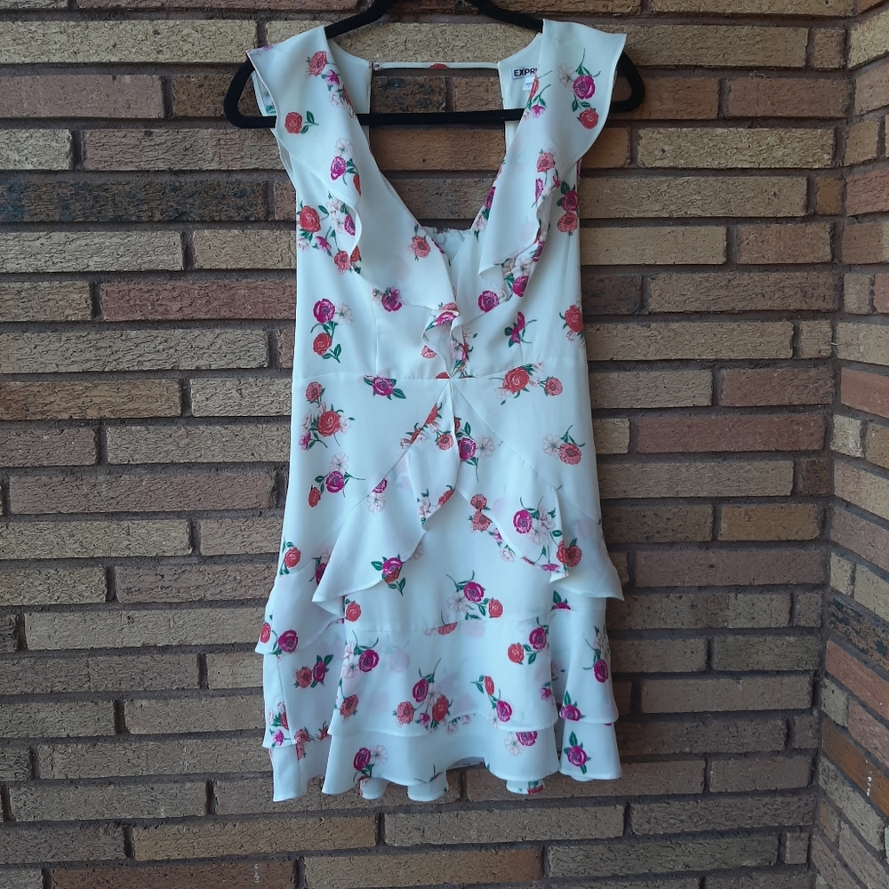 Express White Floral Ruffle Dress